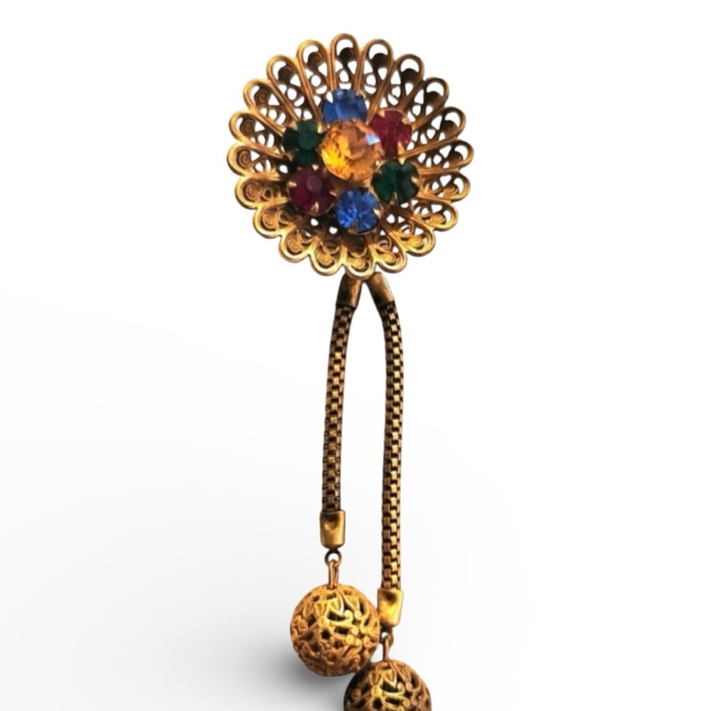 Vintage CORO Victorian Revival Filigree Tassel Brooch Multicolor Rhinestones